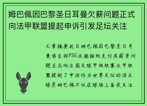 姆巴佩因巴黎圣日耳曼欠薪问题正式向法甲联盟提起申诉引发足坛关注