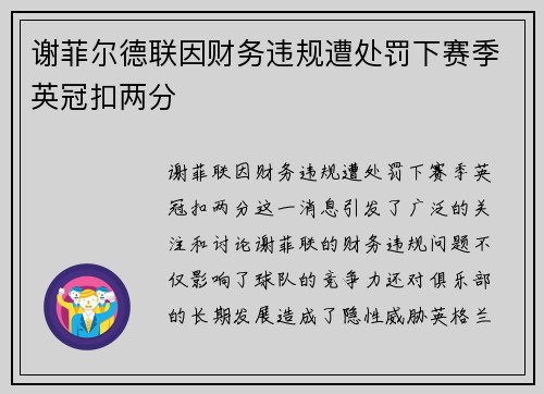谢菲尔德联因财务违规遭处罚下赛季英冠扣两分